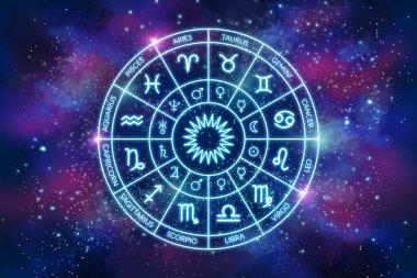 Astroloji. Bir uzayın arka planında Zodiac çemberi. Yıldızların ve gezegenlerin bilimi. Esrarengiz bilgi. Yönetici gezegenler. Zodyak 'ın 12 işareti.