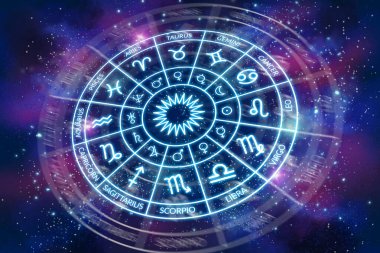 Karanlık kozmosun arka planında gezegenlerin işaretleri olan Zodiac çemberi. Astroloji. Yıldızların ve gezegenlerin bilimi. Gizli Esrarengiz Bilim