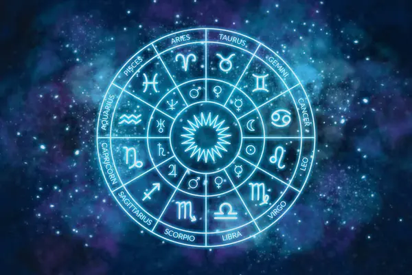 Kozmosun arka planında Zodiac çemberi. Astroloji. Yıldızların ve gezegenlerin bilimi. Esrarengiz bilgi. Yönetici gezegenler. Zodyak 'ın 12 işareti.