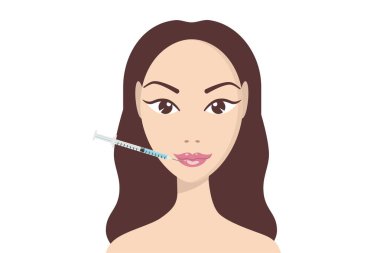 Hyaluronik asit yüz enjeksiyonu, vektör bilgi grafikleri tasarım şablonu. Güzellik, kozmetoloji, yaşlanma karşıtı konsept. Güzellik fotoğrafları. Kadın mezoterapi enjeksiyonunu gençleştiriyor. Dudak büyütme