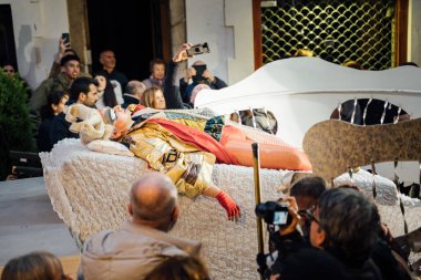 22.02.2023 - Sitges, Barcelona, Spain Carnival (Carnaval) Big carnival celebration theatrical performance death and funeral of MAJESTAD CARNESTOLTES clipart