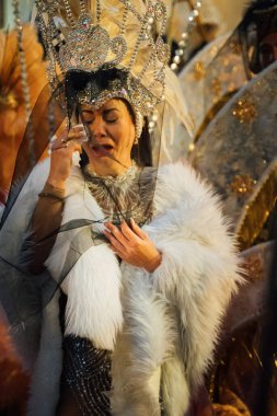 22.02.2023 - Sitges, Barcelona, Spain Carnival (Carnaval) Big carnival celebration theatrical performance death and funeral of MAJESTAD CARNESTOLTES