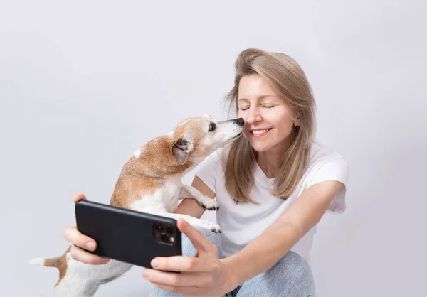 Kobieta Pies Robią Sobie Selfie Mały Pies Jack Russell Terrier — Zdjęcie stockowe