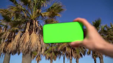 Kromakey yeşil ekranlı cep telefonu kadın eliyle tutuluyor. Arka planda palmiye ağaçları var. Akdeniz tatil atmosferi. Video görüntüleri 4K şablonu. Yatay telefon ekranı