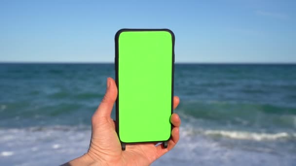 Рука Держит Вертикальный Мобильный Телефон Зеленым Цветным Экраном Перед Морскими — стоковое видео