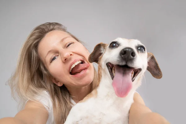 Cute Funny Friends Focus Face Woman Muzzle Dog Defocus Happy — Stock Photo, Image