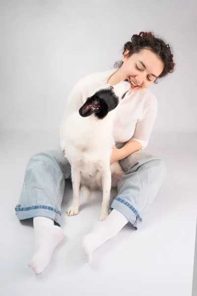 Pet kiss. Smiling young woman hugging her white dog sitting on the floor. Relaxed touching trusting relationship between dog and owner. Grey (gray) background. studio shot