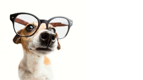 Stylový Roztomilý Pes Brýlích Při Pohledu Kameru Bílém Pozadí Zvědavě — Stock video