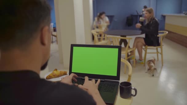 カフェのコワーキングスペースにあるクロマキーグリーンスクリーンノートパソコンです リモートフリーランスはペット犬と外で働いています テンプレートビデオ映像 サングラスとクロワッサンランチタイム — ストック動画