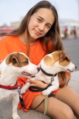 Güzel genç kız kameraya bakıyor ve kucağında yatan iki köpeği okşuyor Jack Russell teriyerleri. Arkadaşların portresi. Parlak turuncu tişört