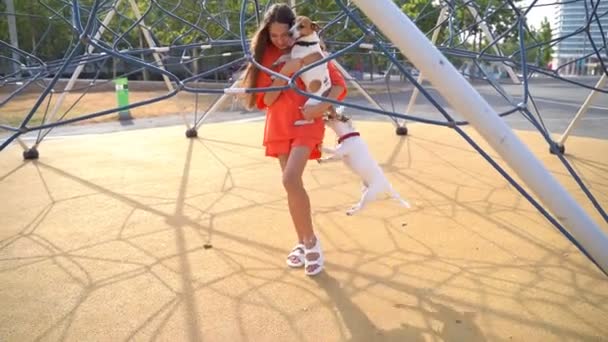 Tonårstjejen Håller Hunden Sina Armar Den Andra Hunden Hoppar Upp — Stockvideo