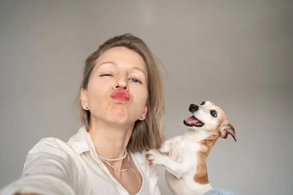 キスする唇 おかしなブロンドの女性と小さな犬は セルフィーの肖像画 愛らしい小さなペットの親友のためにポーズを楽しんで遊んでいます グレーの背景に撮影されたスタジオ — ストック写真