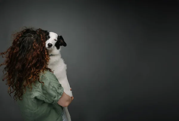カメラを見ている彼女の落ち着いた悲しい顔の境界線のコリー犬を抱きしめている長いカーリー髪の女性 グレイバックスタジオショット ペットのメンタルサポート 愛と信頼のテーマ — ストック写真