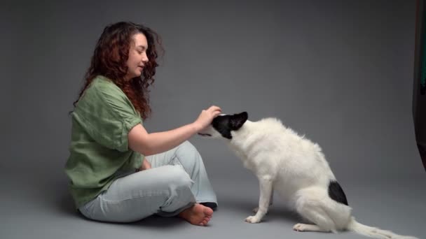 Женщина Тренируется Играть Собаку Выполняя Трюки Команды Оборачивается Женщина Сидит — стоковое видео