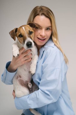 Küçük köpeği tutan gülümseyen sarışın genç kadın Jack Russell Terrier. Sevimli arkadaşlar. Gri arkaplanda stüdyo portresi. 