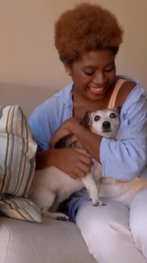Mutlu gülümseyen siyah kadın oturma odasında kanepede oturan küçük beyaz köpeği okşuyor. Köpek öpüşüyor. Hafta sonu evcil hayvanla boş vakit geçirmek. Dikey video görüntüleri