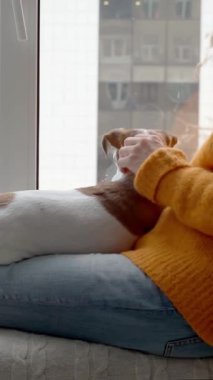 Kadın ve köpek Jack Russel Teriyer pencerenin kenarında oturup pencereden düşen karı izliyorlar. Kışın dışarıda sıcak bir ev var. Turuncu kazak. Dikey video görüntüleri
