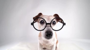 Beyaz stüdyo arka planında büyük yuvarlak gözlüklü sevimli inek köpek. Beyaz video görüntülerindeki komik hayvan.