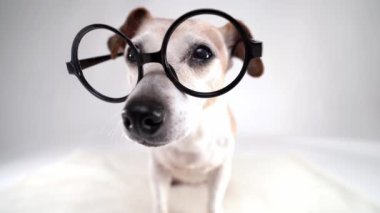 Yuvarlak gözlüklü akıllı köpek kafasını eğerek şaşırır ve endişeyle çerçeveyi boş bırakarak uzaklaşır. Beyaz video görüntülerindeki komik hayvan.