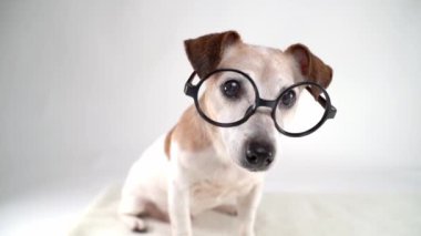 Beyaz stüdyodaki yuvarlak gözlüklü köpek kameraya dikkatle bakar, başını sallar ve çerçeveden çıkar. Stüdyo görüntüleri beyaz arka plan. Evcil hayvan teması