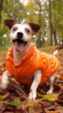 Sonbahar Ormanı Parkı 'nda Turuncu Ceketle Mutlu Koşan Köpek, Sonbahar Yürüyüşünün Neşeli Enerjisi dikey video görüntüleri. Aktif köpek Jack Russell Terrier oyuncakla oynuyor Gülümseyen köpek neşeyle yüzleşiyor
