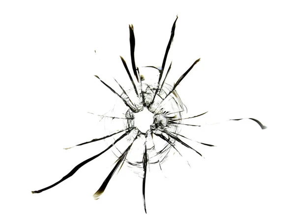 銃で撃たれた弾丸の穴のある割れガラスの質感 白い背景にデザインのための皿の分離効果 — ストック写真