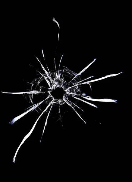 Cracks Glass Black Background Bullet Hole Window Dark Background — Stockfoto