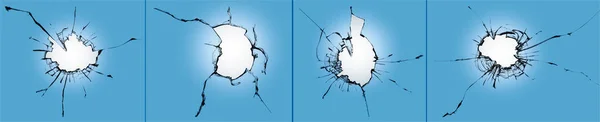 破碎的窗户 一组破碎的玻璃 有弹孔或破碎的孔 白色和蓝色背景的带裂纹纹理摘要 — 图库照片