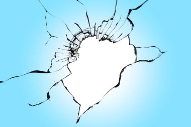 Kırık cam. Ortasında mavi bir delik var. Penceredeki çatlakların etkisi