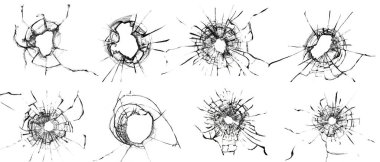 Broken glass crack texture on window, different variations for design use. clipart