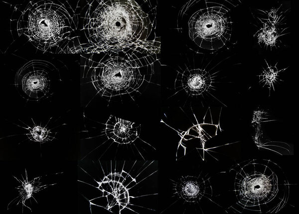 Set of cracked and chipped broken glass on black background. Abstract collage with cracked window texture. Broken glass effect for design.