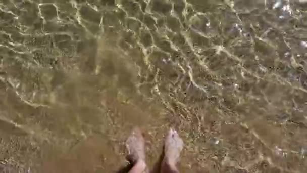Fötter Grunt Strandvatten Närbild Persons Fötter Det Klara Grunda Vattnet — Stockvideo
