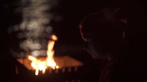 Genç Yalnız Bir Kız Kamp Yeri Yangın Kumsalı Gecesi Akıllı — Stok video