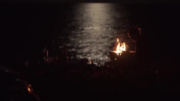 孤独な女の子のキャンプ場 火災ビーチの夜の近くに スマートフォンを使用して 背景にぼやけたムーンライトパス海のボケ 手持ち撮影 火からの光に 食べ物とテーブル 全体的な計画 フラット — ストック動画