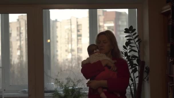 Tevreden Grootmoeder Kalmeert Haar Kleindochter Baby Hij Zwaaide Zijn Armen — Stockvideo