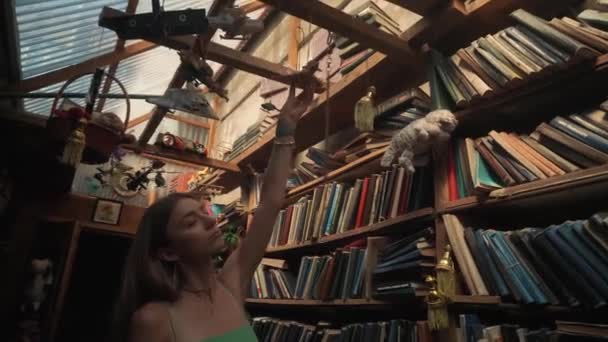 在一个古老的图书馆里 一个面容忧郁的女孩用手指摸着挂在天花板下一根大横梁上的木制玩具 阳光穿过玻璃屋顶 — 图库视频影像
