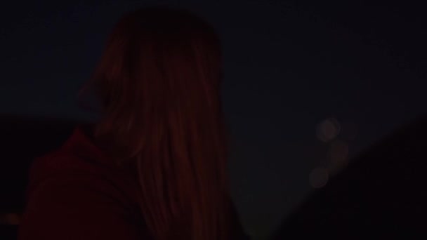 Bir Kız Süveter Giymiş Geceleri Bir Kampta Denizin Sahilinde Gökyüzünde — Stok video