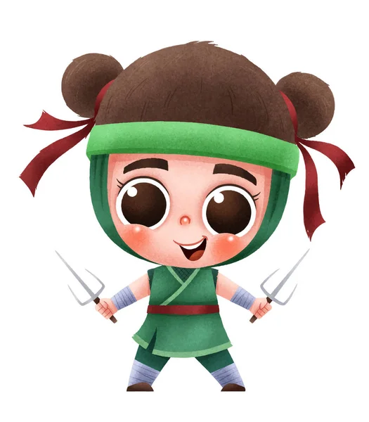 Illustrazione Vettoriale Cartoon Ninja Carino Personaggio Ninja Bambini — Vettoriale Stock