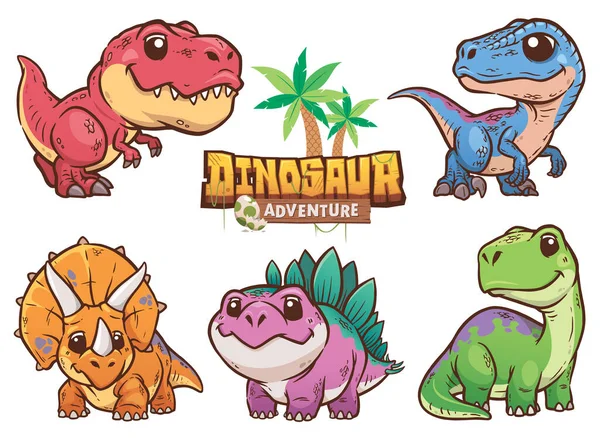 Ilustración Vectorial Del Conjunto Caracteres Dinosaurio Dibujos Animados — Vector de stock