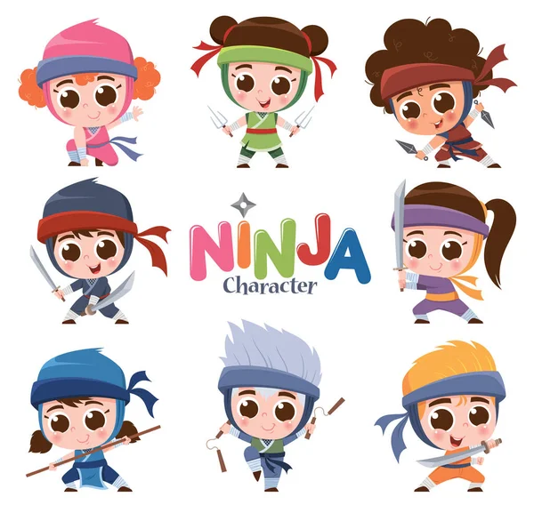 Illustration Vectorielle Jeu Caractères Cartoon Cute Ninja Enfant Costume Ninja — Image vectorielle