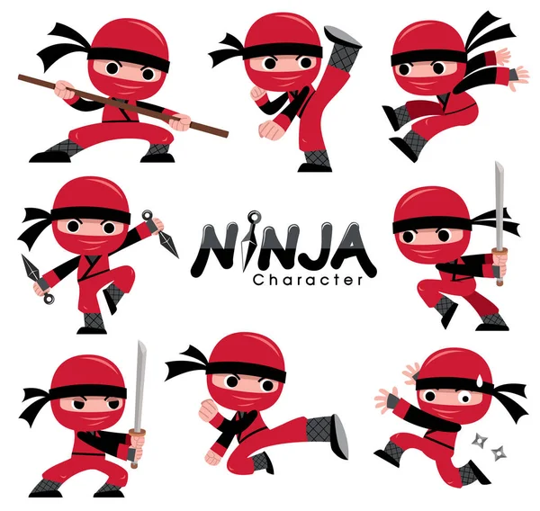 Ilustracja Wektorowa Zestawu Znaków Cartoon Ninja Pozy Bojowe — Wektor stockowy