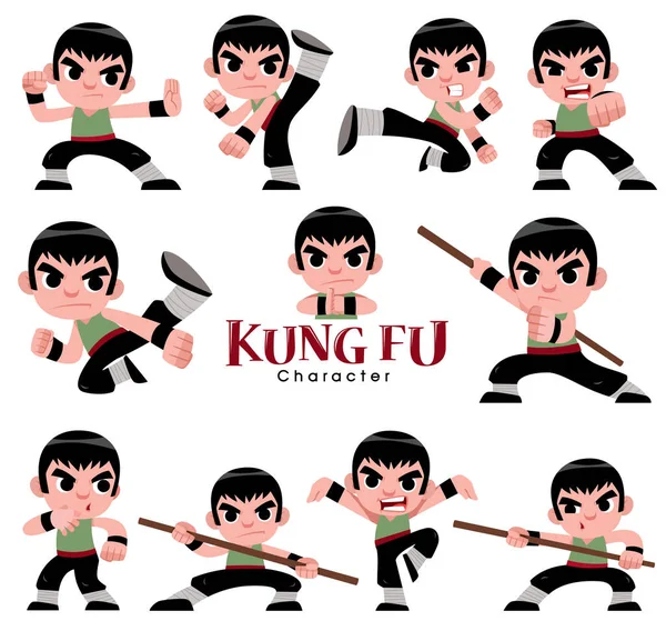 Ilustrație Vectorială Desenului Animat Kung Set Caractere Poze Luptă — Vector de stoc