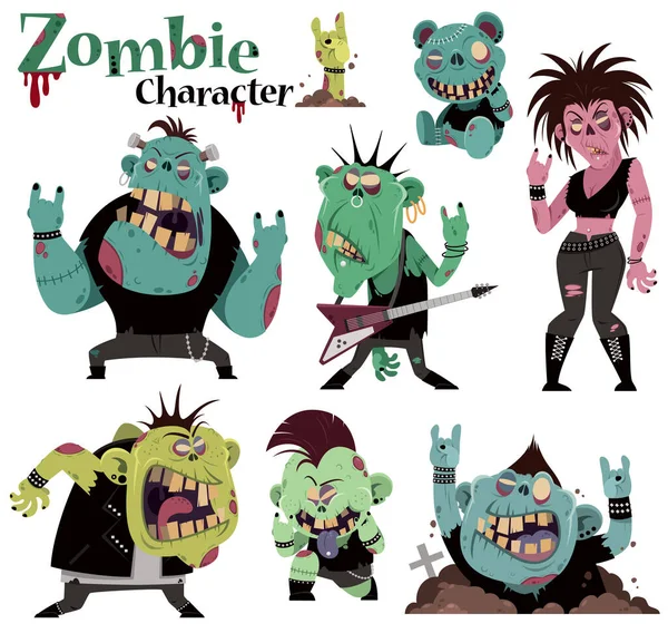 Vektor Illustration Von Cartoon Set Zombie Charaktere Zombie Rocker — Stockvektor