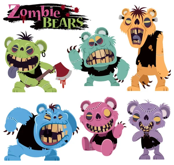 Vektor Illustration Von Zeichentrick Set Teddy Zombie Charaktere Zombie Bär — Stockvektor