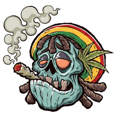 Çizgi film zombisinin vektör çizimi marihuana, rastaman, kenevir yaprağı ve tişört baskısı ile sigara içiyor. 