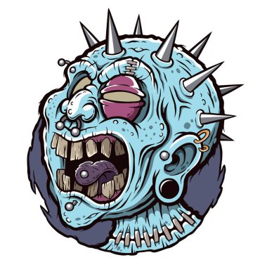 A grotesque and horror-themed cartoon illustration of a monstrous mutant head with pale blue, decayed skin, rotting yellow teeth, and exaggerated features clipart