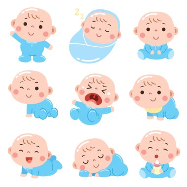 A charming cartoon-style illustration featuring babies in different adorable activities and emotions.