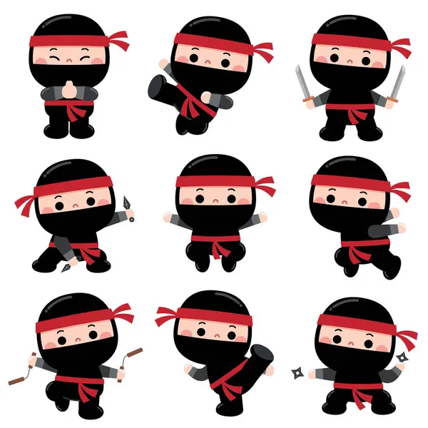 Векторная Иллюстрация Набора Символов Cartoon Cute Ninja Детские Костюмы Ниндзя Стоковая Иллюстрация