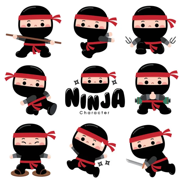 Ilustração Vetorial Conjunto Personagens Cartoon Cute Ninja Crianças Traje Ninja Vetores De Stock Royalty-Free
