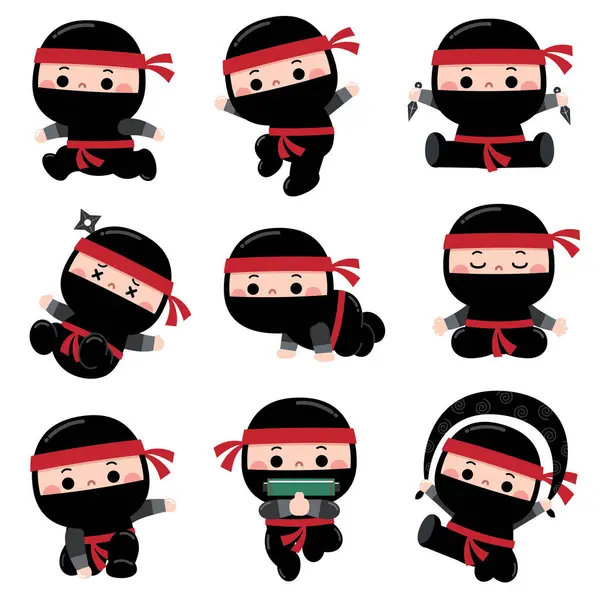 Wektor Ilustracja Kreskówki Cute Zestaw Znaków Ninja Dziecięcy Kostium Ninja Grafika Wektorowa